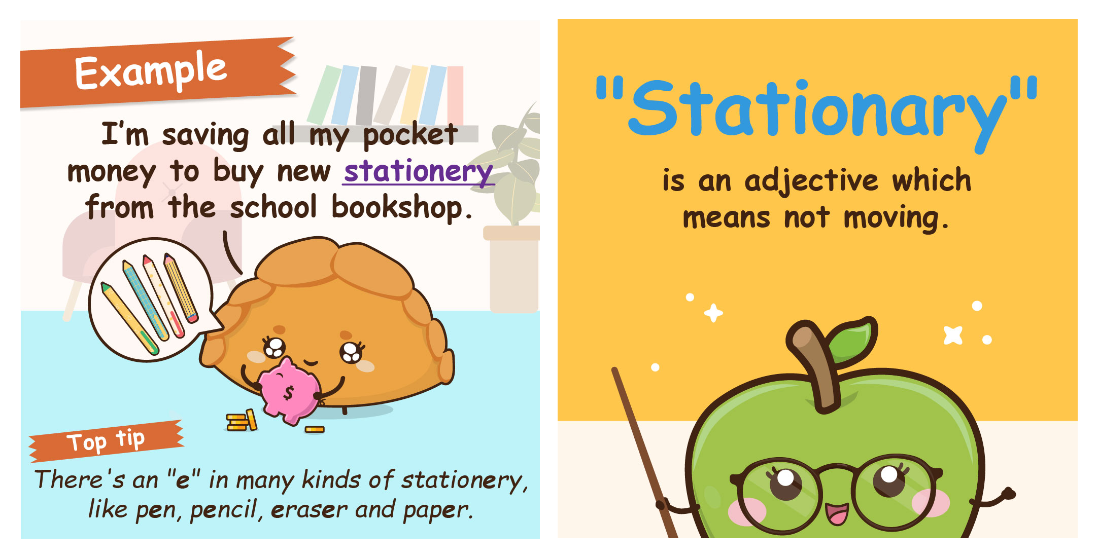 Two-panel comic providing an example sentence and memory tip for "stationery" featuring Pok Pok, alongside Ms G introducing the definition of "stationary."